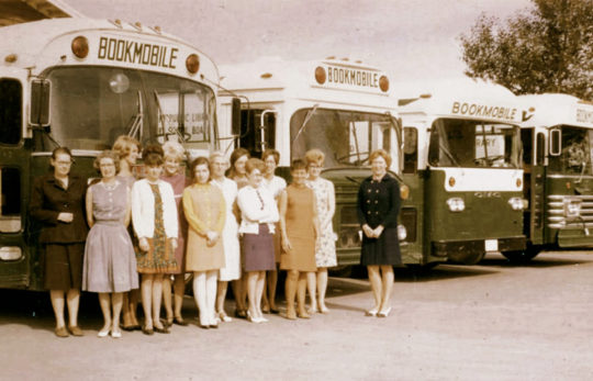 Calgary Public Library bookmobile staff and fleet 1968