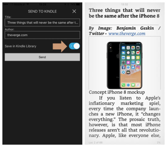 Customize Send to Kindle options before sharing the article on the iPad and iPhone