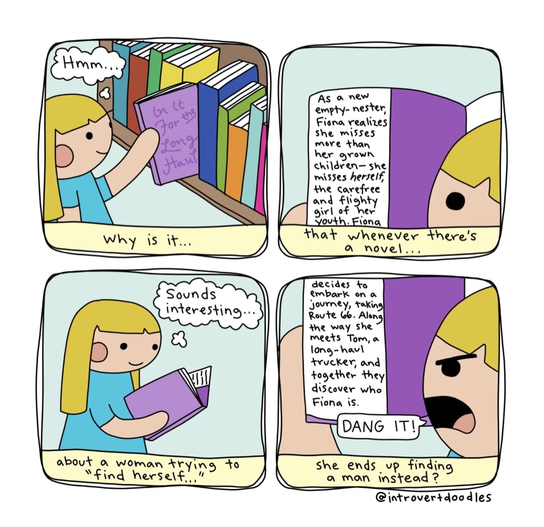 Finding Herself - best cartoons about books - by Introvert Doodles